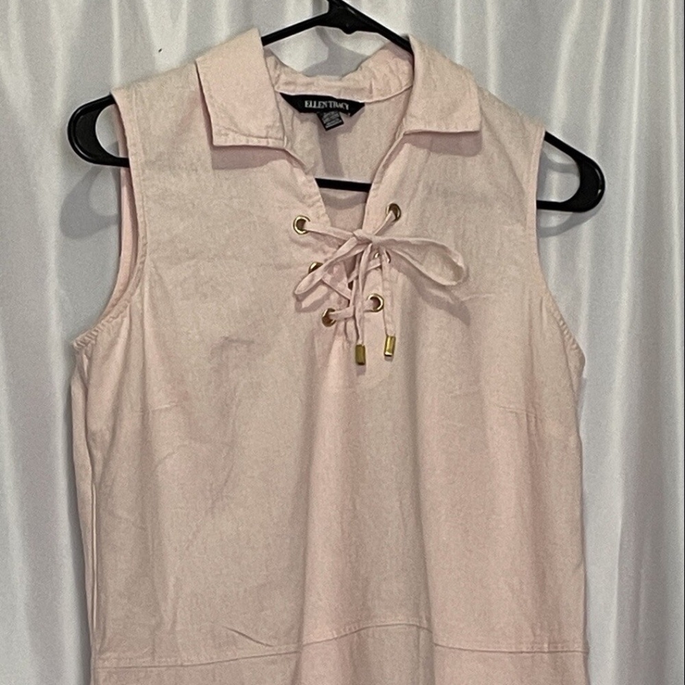 Ellen Tracy womens Linen popover shirt V Neck lace Sleeveless Hilo Pink Chalk M